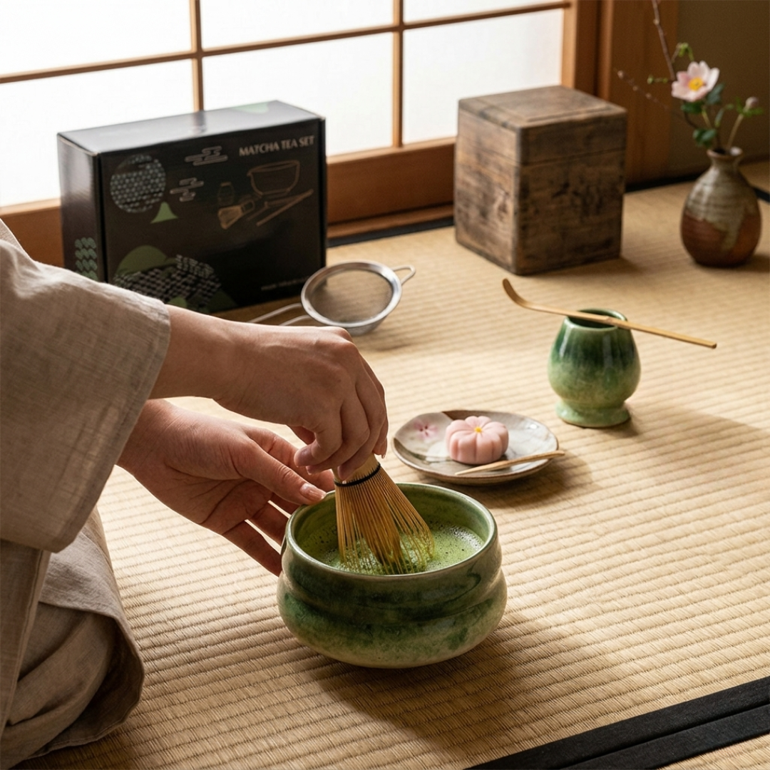 Livista Matcha Set 5-delig – Japanse Thee Set Starterkit – Met Matcha kom, klopper, Klopperhouder, lepel& zeef – Traditionele Theeceremonie – Keramiek & Bamboe – Matcha accessoires