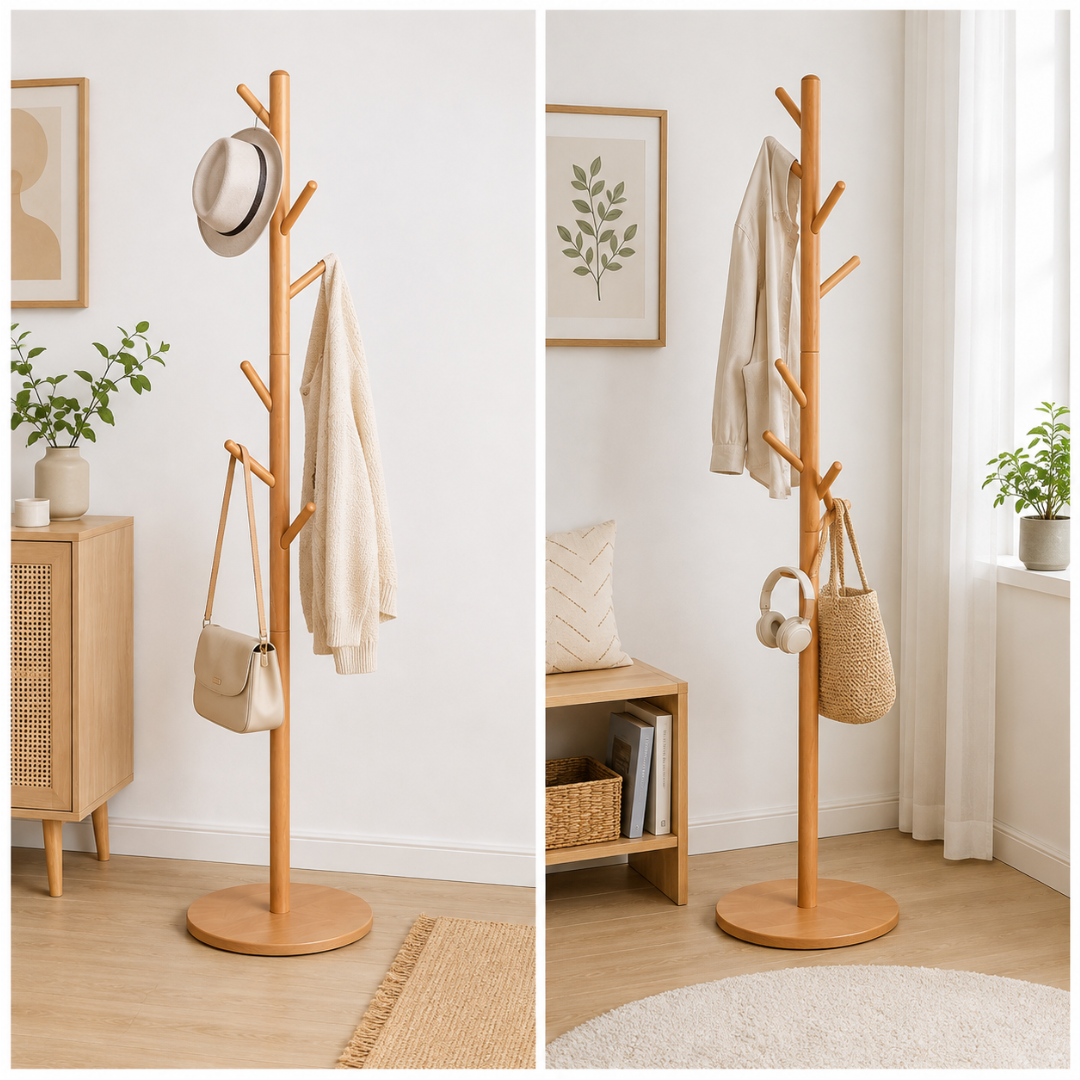 Livista Kapstok Staand – Houten Kapstok – met 8 Haken – Beukenhout – Staande kapstok – Garderoberek – 172 cm – Hout