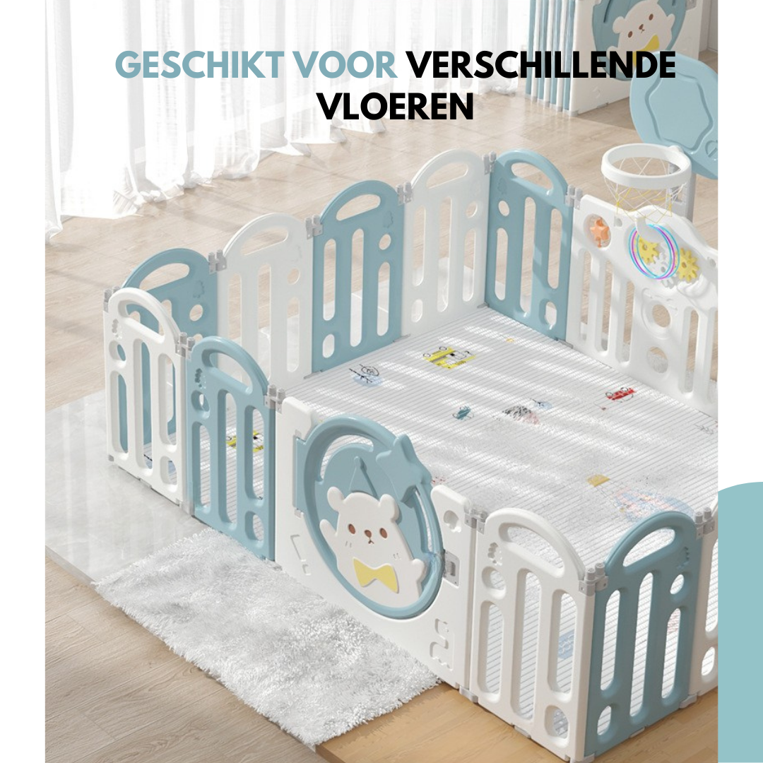 Livista Grondbox Baby –187x150x61cm – 14+2 Panelen – Inklapbare Speelbox met Beren-Thema – Verstelbare Basketbalring – Met Zuignappen – Inclusief Kruipmat – Veilig Kinderbox Playpen