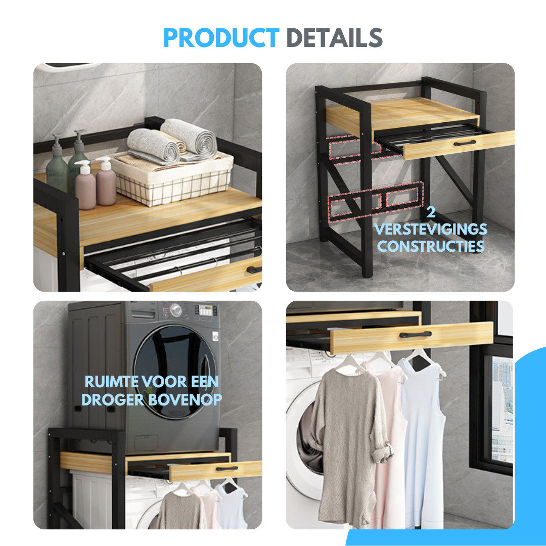Livista Wasmachinerek – Met Uitschuifbare Hangstang – 200 kg Draagvermogen – Ruimtebesparende Wasmachine Organizer – Versterkt Stalen Frame – 3 Hoogtestanden – Water-, Kras- en Hittebestendig Werkblad – Antislip Voetjes – Zwart/Hout
