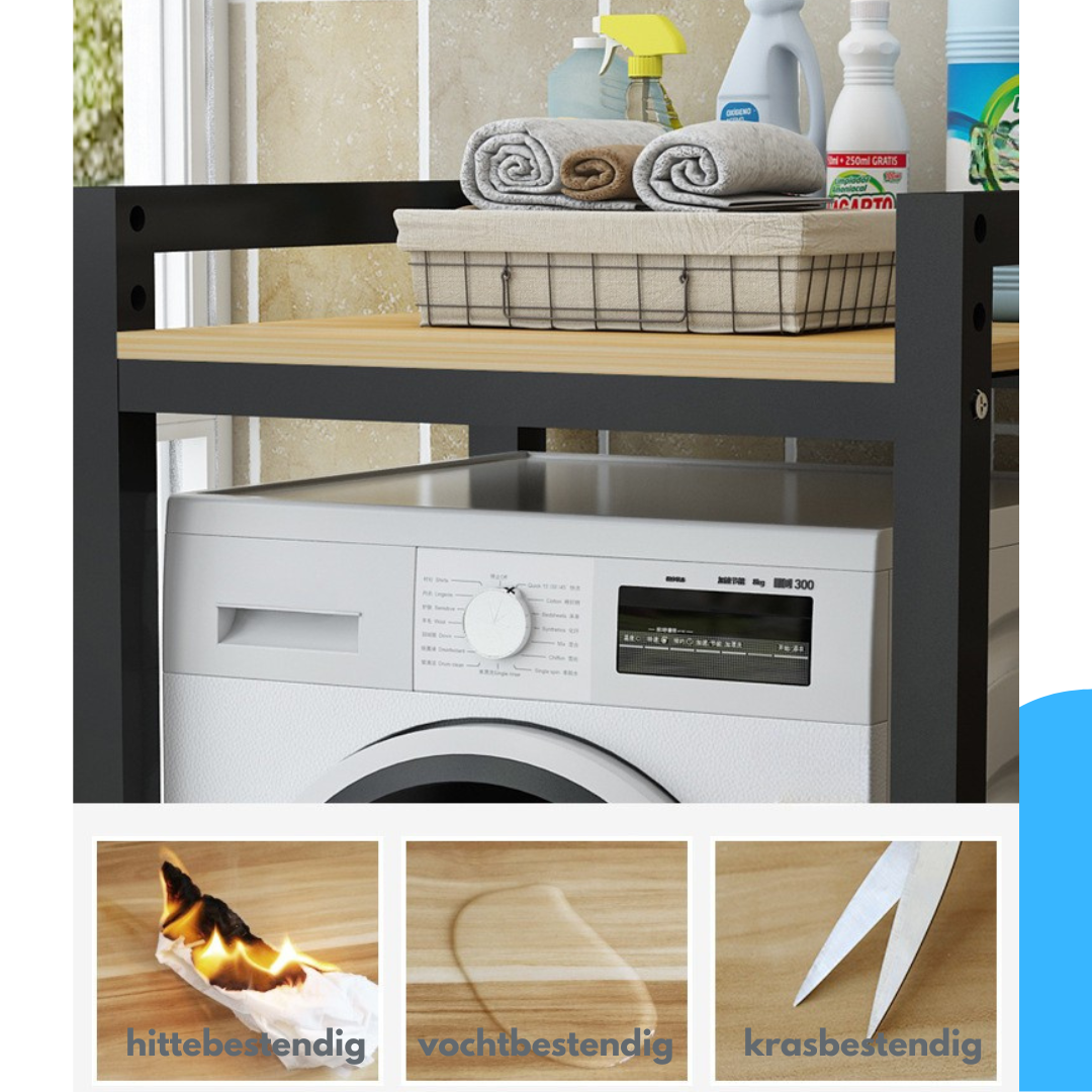 Livista Wasmachinerek – 200 kg Draagvermogen – Ruimtebesparende Wasmachine Organizer – Versterkt Stalen Frame – 3 Hoogtestanden – Water-, Kras- en Hittebestendig Werkblad – Antislip Voetjes – zwart/hout