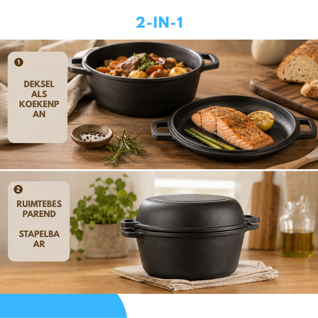 Livista Gietijzeren Braadpan - Ø26 cm - Dutch Oven 4,5L - 2-in-1 Gietijzeren Pan met Koekenpan Deksel - Geschikt voor Inductie, Gas, Oven & Keramisch - Zwart