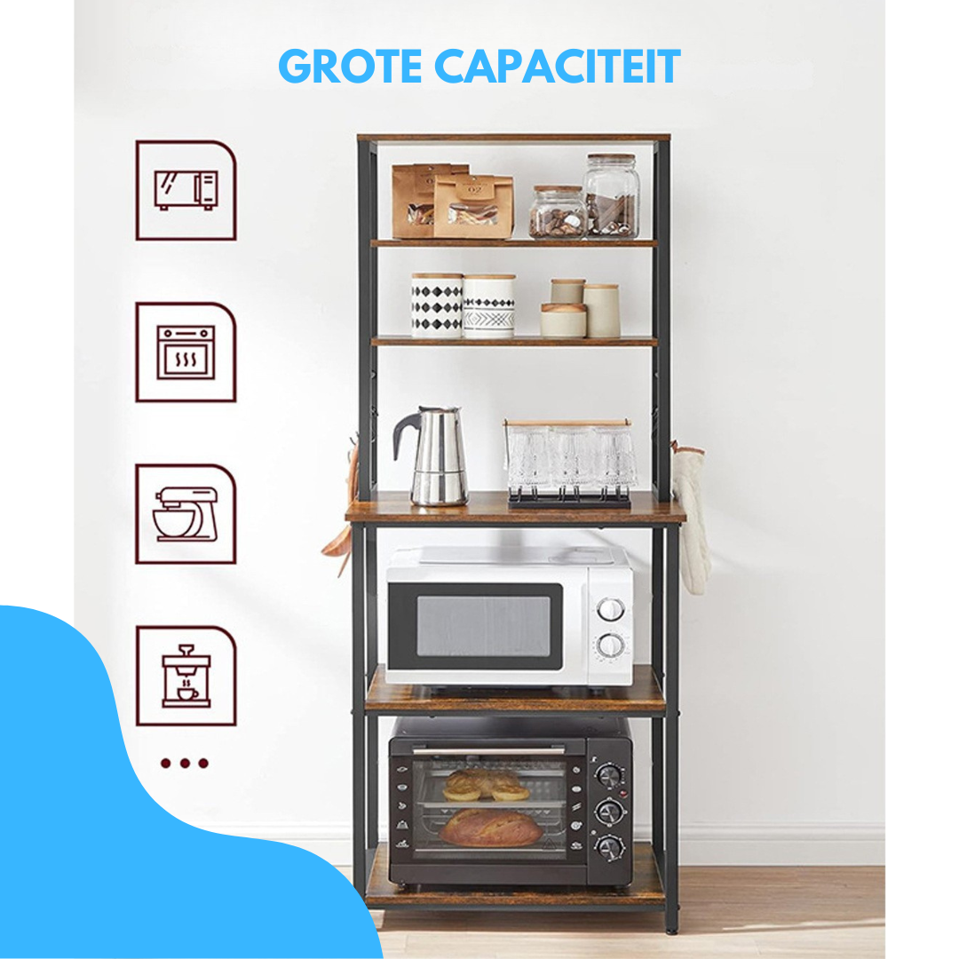Livista Keuken Opbergrek – 6-laags – Met 6 S-haken – Staal & Houtlook – Stevig en Stabiel – 167x60x40cm