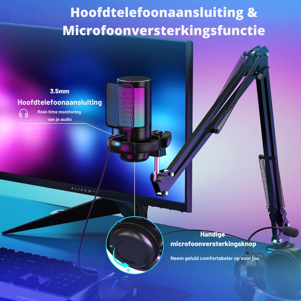 Truskore Microfoon met arm - USB - gaming - RGB Condensatormicrofoon - met Mute-Knop, Popfilter, Microfoonarm - Luxe microfoon