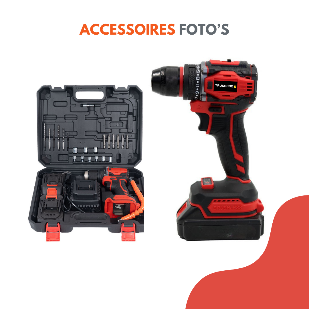 Truskore Borstelloze Boormachine – 2x 2000mAh Accu – Traploze Snelheid – Koperen Motor – Inclusief Accessoires – Rode