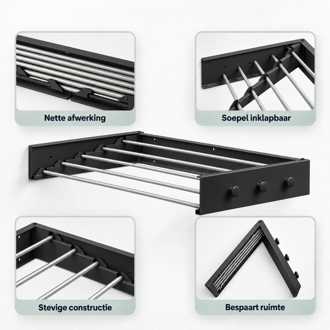 Livista Wanddroogrek Inklapbaar – Opvouwbaar Wasrek voor Wandmontage – Stevig en Ruimtebesparend – Voor Binnen & Buiten– 100x50x10,5 cm – Met 6 Haken – Zwart