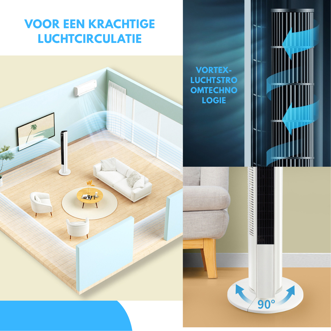 Livista Torenventilator - 90° Oscillatie - Afstandsbediening - 24-uurs Timer - Touchbediening - 3 Snelheden - 45 dB - Vortex-luchtstroom - Wit