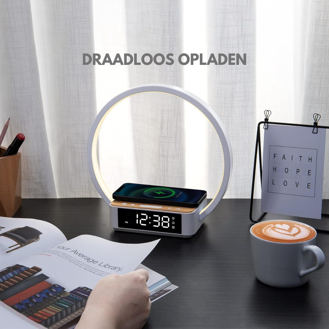Livista Wake Up Light – Wekker – Draadloze Oplader – 15W – Touch Bureaulamp – met 3 Lichtkleuren – Voor Telefoon, Smartwatch & AirPods