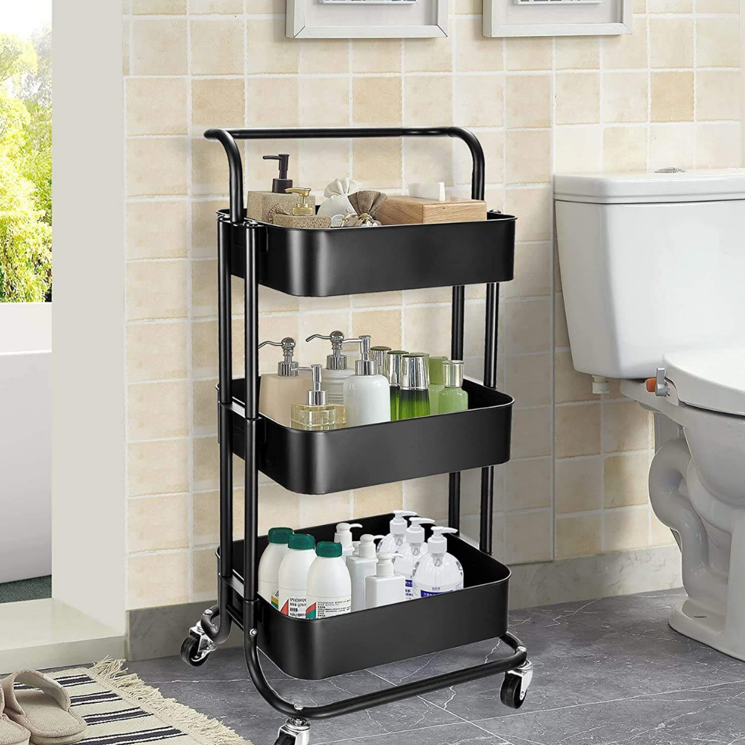 Livista Opbergtrolley met Wielen – 3-Laags Metalen Opbergwagen –met 3 Hangmanden – Multifunctioneel– Zwart