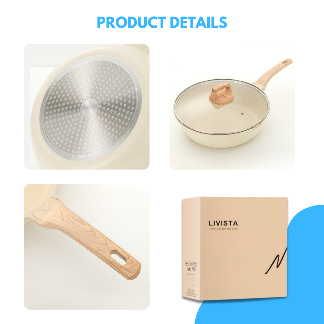 Livista Pannenset 14-delig – Wokpan, Koekenpan, Soeppan & Steelpan – Inclusief Keukengerei – – Makkelijk Schoon te Maken – Geschikt voor Inductie – Beige