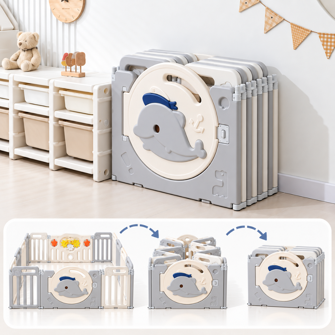 Livista Grondbox Baby –156x156x61cm – Inklapbare Speelbox met Walvisthema – 12+2 Panelen – Verstelbare Basketbalring – Met Zuignappen – Inclusief Kruipmat – Veilig Kinderbox Playpen