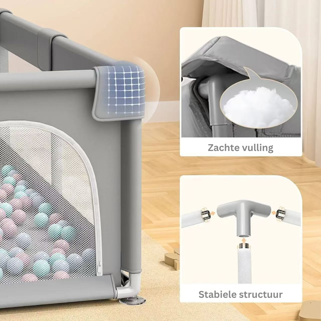 Livista Grondbox - Speelbox - Baby boxen - Kruipbox voor Baby - Playpen - Kinderbox - Met 4 optrek-handringen + 60 speelballen - Met trekring - 120 x 180 x 65cm - Grijs