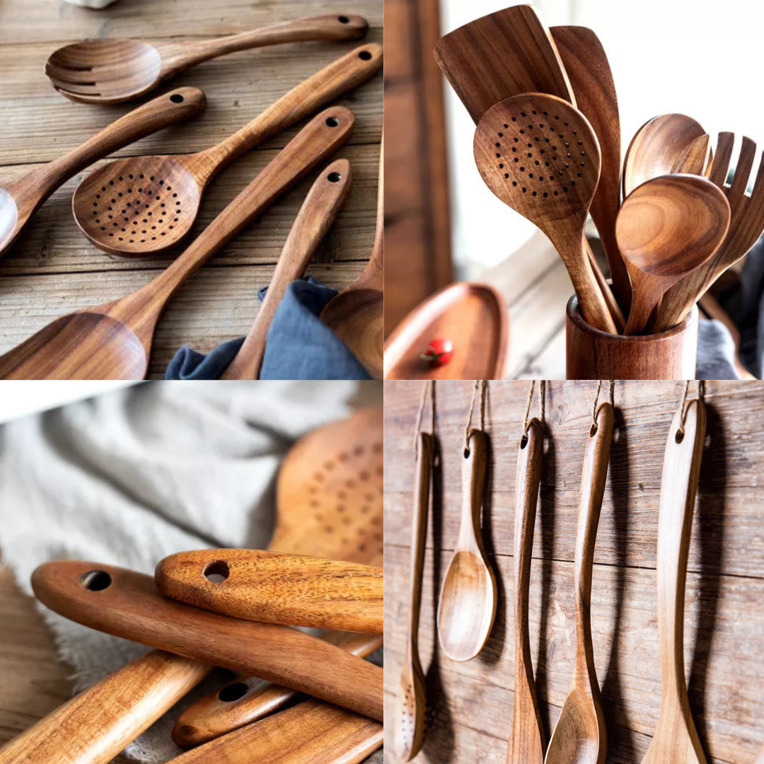Livista Houten Keukengerei Set - 8-Delig - Met Houten opbergbeker - Acaciahout - Krasvrij & Ophangbaar