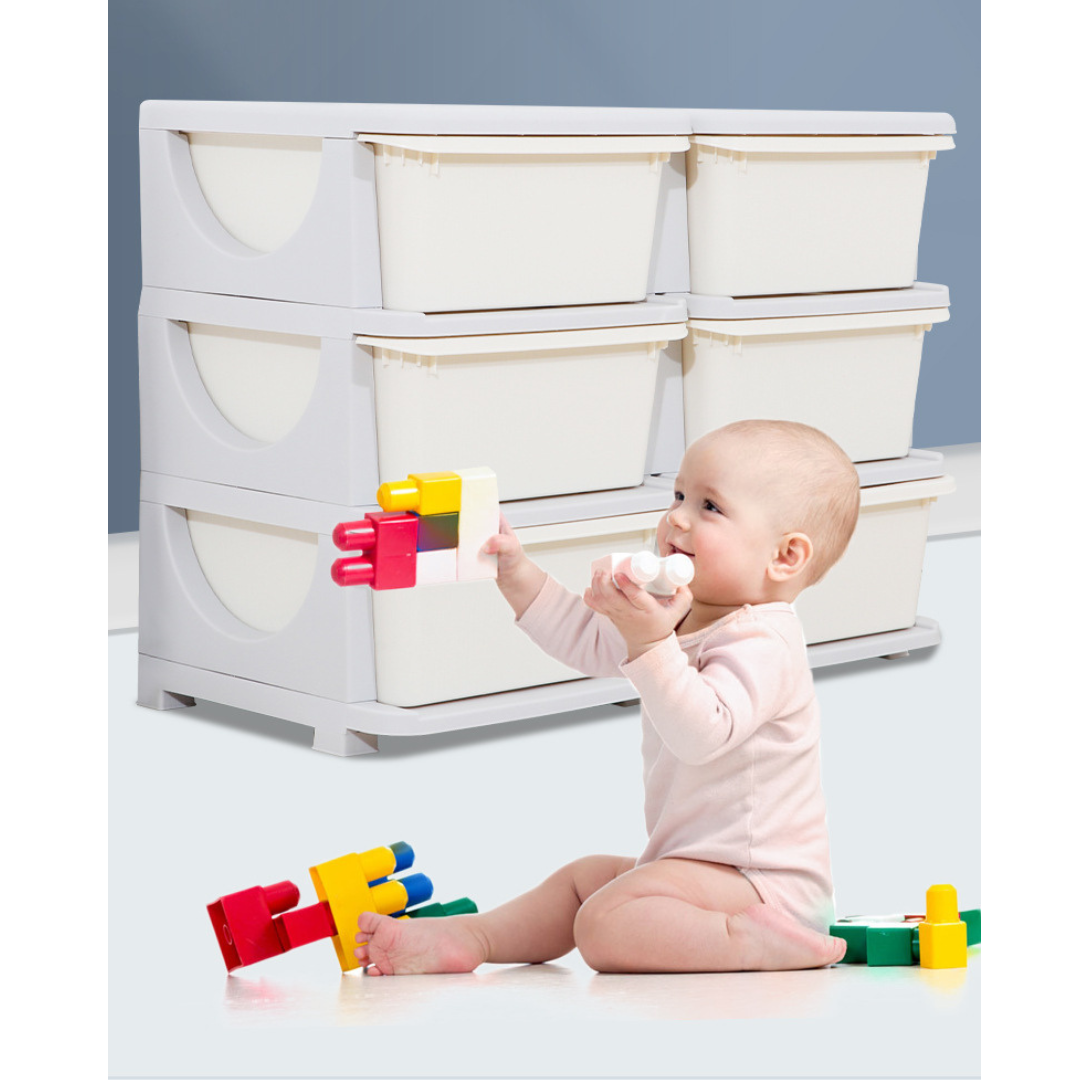 Livista Opbergboxen – 3 Ruime Lades – Voor Speelgoed en Kleding – Anti-Uitval Systeem – Veilig & Duurzaam – 56x37x37.5 cm – Beige/Grijs