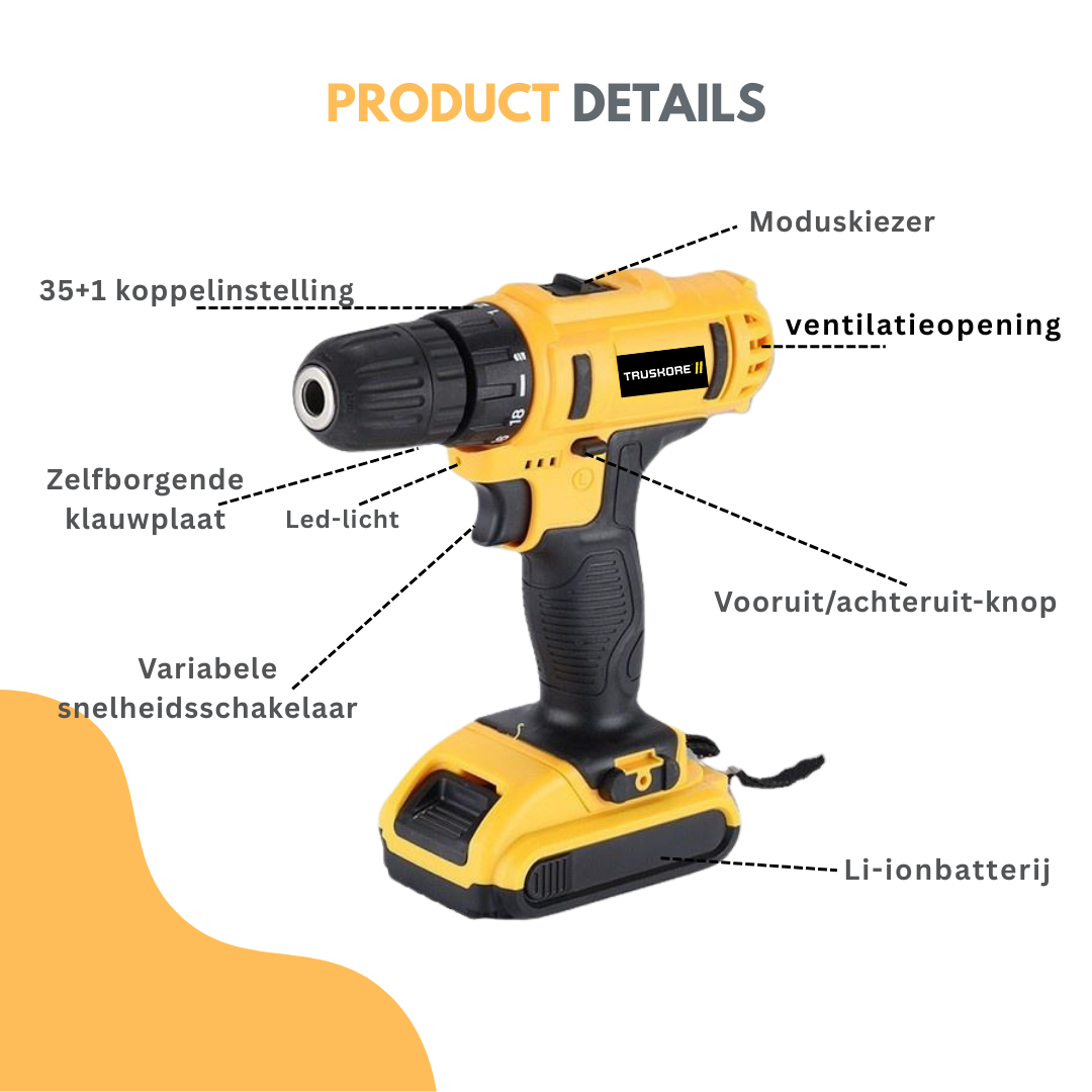 Truskore Draadloze Accuboormachine – Compacte Elektrische Boor & Schroevendraaier – Inclusief 2 Oplaadbare Batterijen – Ideaal voor Klusjes in en om het Huis – Boormachine - Boorhamer - Met Gereedschapsset – Geel