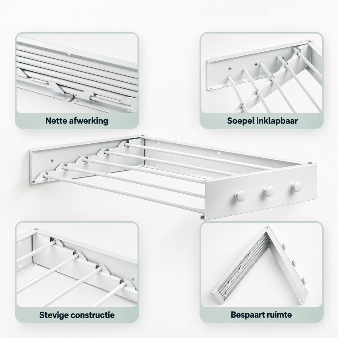 Livista Wanddroogrek Inklapbaar – Opvouwbaar Wasrek voor Wandmontage – Stevig en Ruimtebesparend – Voor Binnen & Buiten– 100x50x10,5 cm – Met 6 Haken – Wit