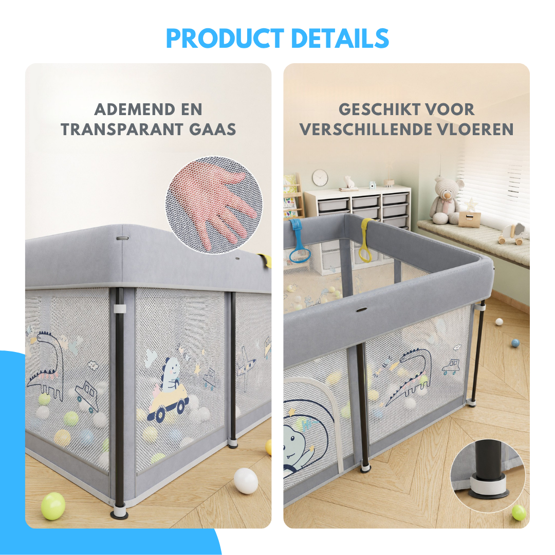 Livista Baby Grondbox – Opvouwbaar Babybox – 120x120x65 cm – Speelbox – Inclusief Speelmat, 60 Ballen en 4 Trekringen – Opbergtas – Ademend & Transparant Gaas – Compact Inklapbaar – Grijs
