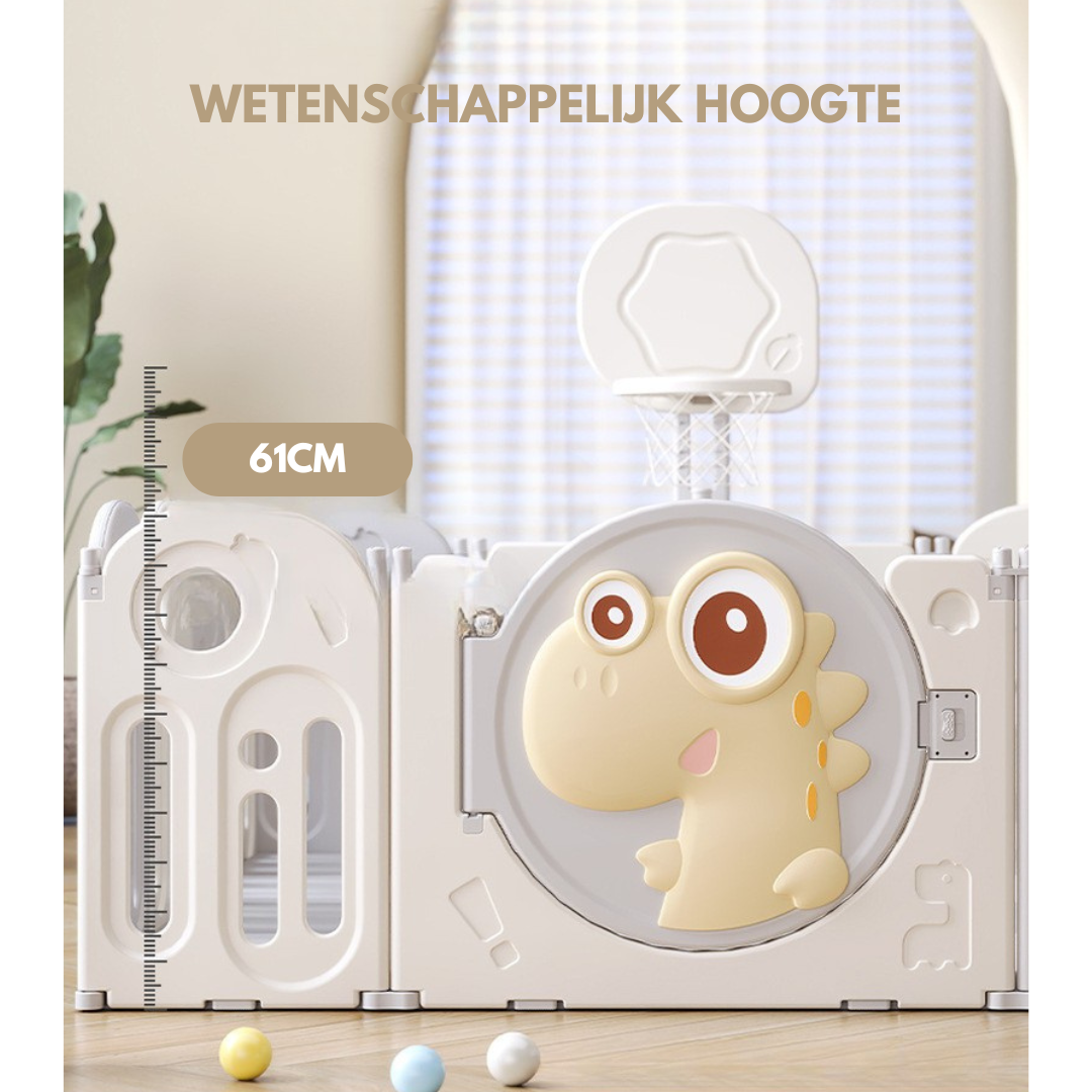 Livista Grondbox Baby –156x156x61cm – 12+2 Panelen – Inklapbare Speelbox met Dinosaurus-Thema – Verstelbare Basketbalring – Met Zuignappen – Inclusief Kruipmat – Veilig Kinderbox Playpen