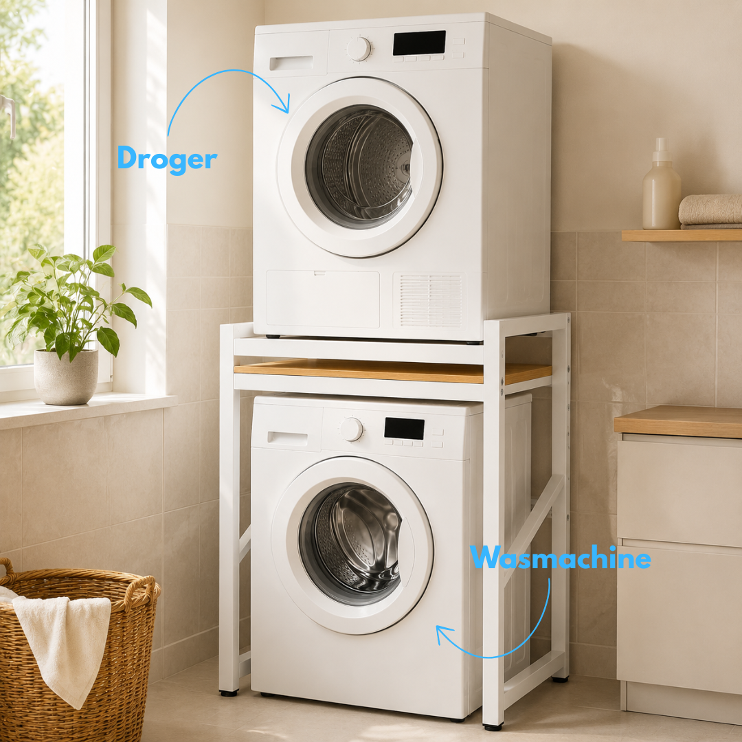 Livista Wasmachinerek - Wasmachine kast - Badkamerrek – Ruimtebesparende Wasmachine Organizer – Stalen Frame – 3 Hoogtestanden – Water-, Kras- en Hittebestendig Werkblad – Antislip Voetjes – 200 kg Draagvermogen - Wit/Hout