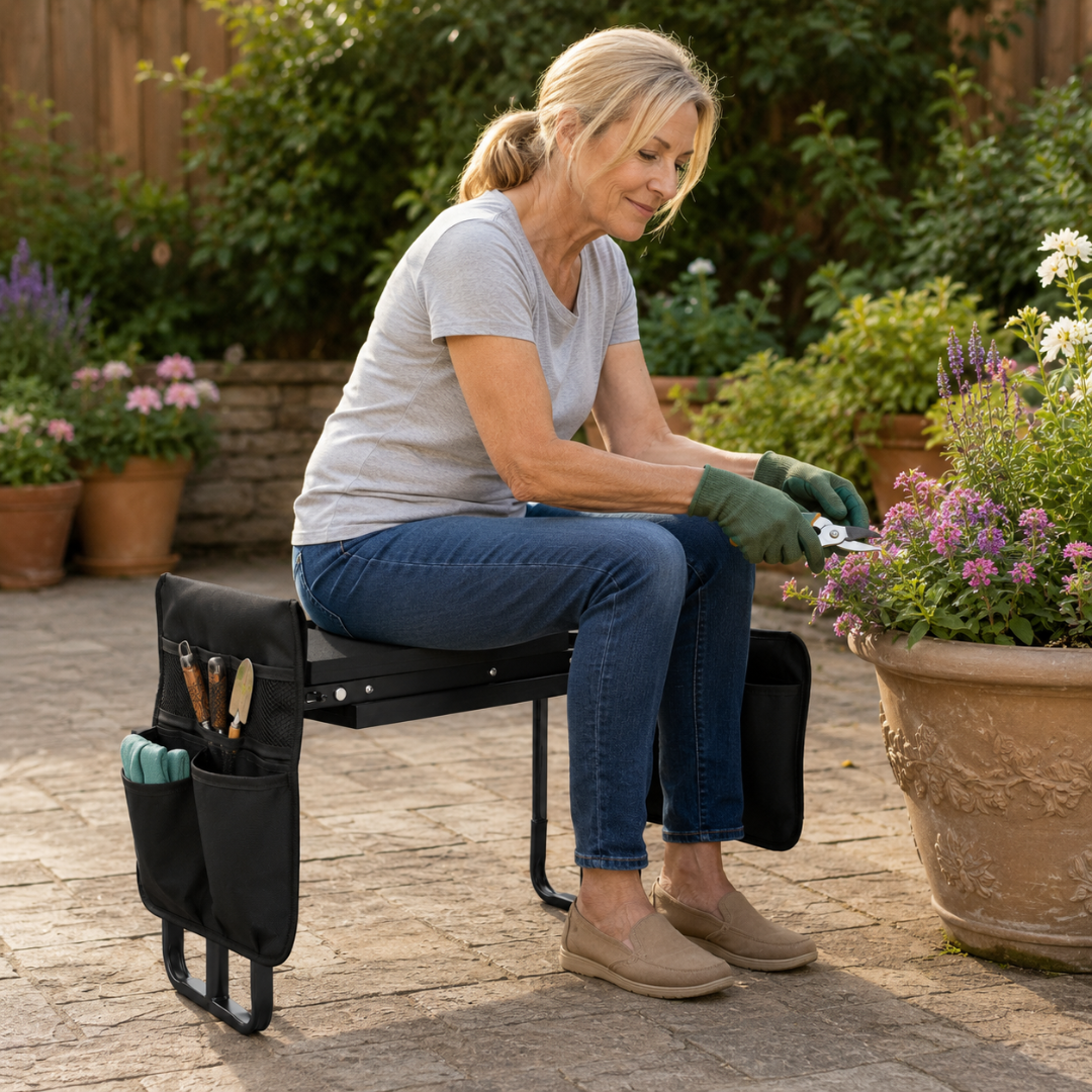 Livista Tuinkruk Verstelbaar – Kniebank en Tuinbankje – 5 Hoogtes 40–52 cm – Tuinkrukje met Kniekussen – 2 Grote Gereedschapstassen – Opvouwbaar – Comfortabel en Duurzaam – Zwart
