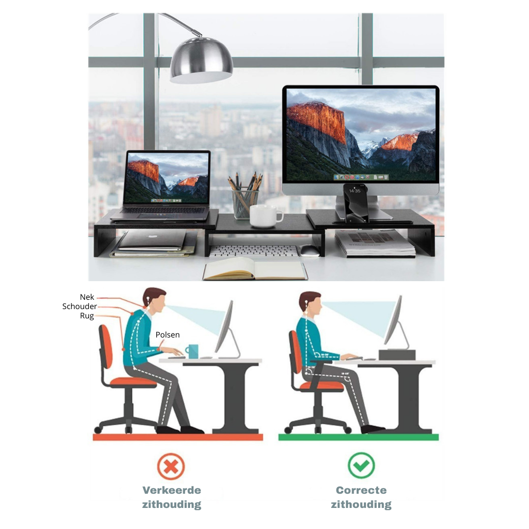 Livista Monitor Verhoger & Standaard – Geschikt voor 1 of 2 Schermen – Verstelbaar Bureau Organizer – Zwart