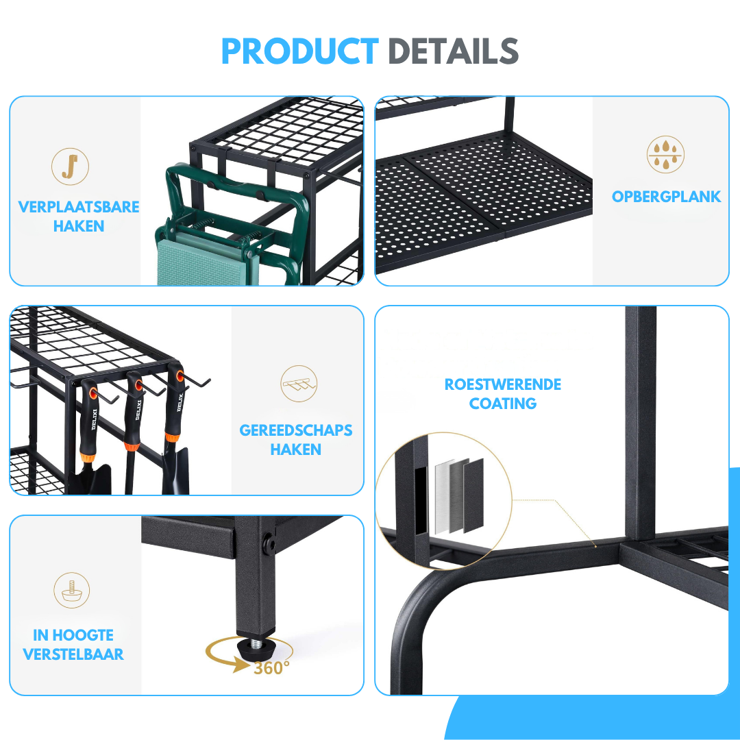 Livista Gereedschapsrek – Gereedschap Organizer voor Tuingereedschap – Opbergrek – Met Verplaatsbare Haken – Max. 60 kg – voor Garage, Schuur en Berging