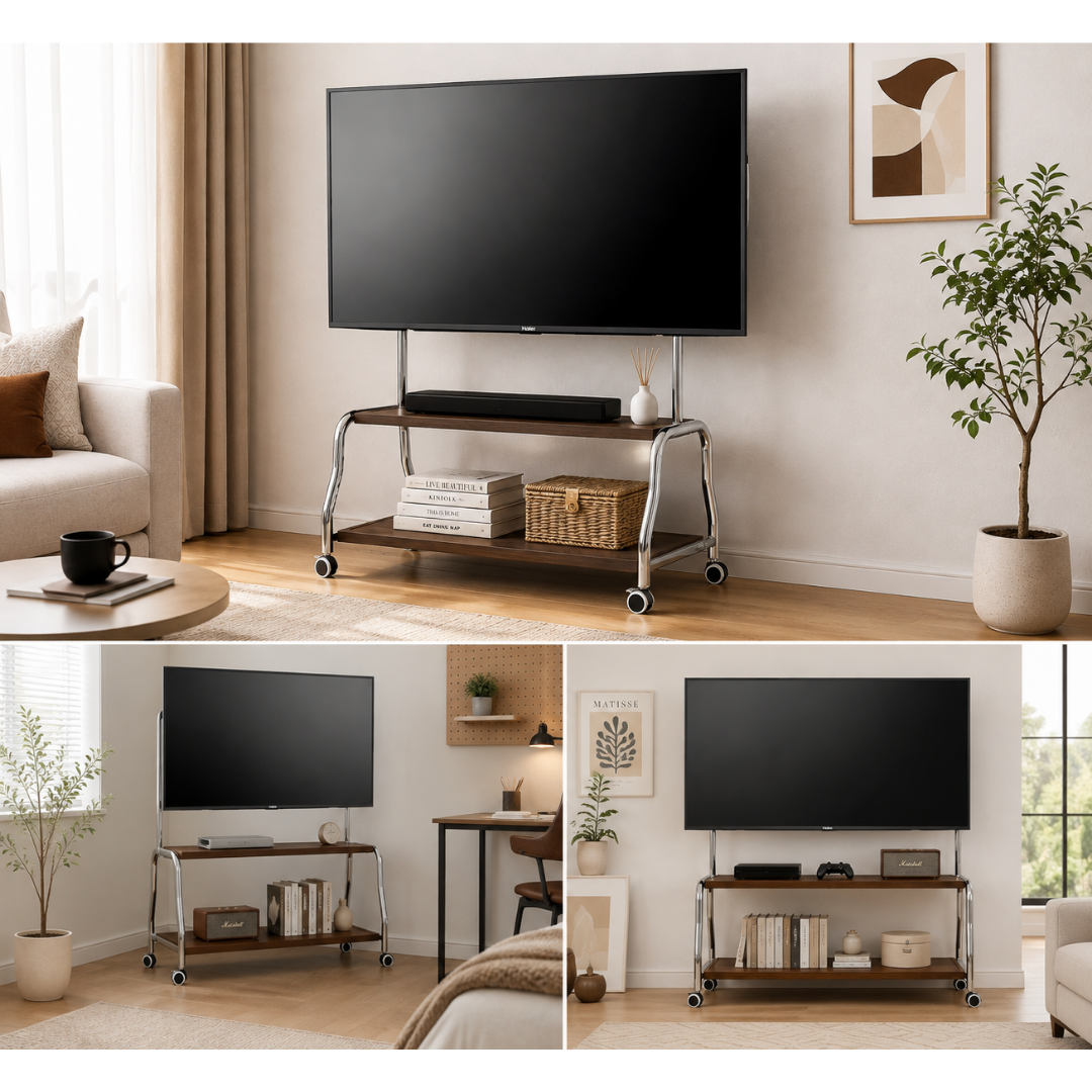 Livista Mobiele TV Standaard – Verrijdbaar TV Meubel – Dubbele Houten Planken – Geschikt voor 32-75 Inch TV – Max. 50 kg – Stalen Frame