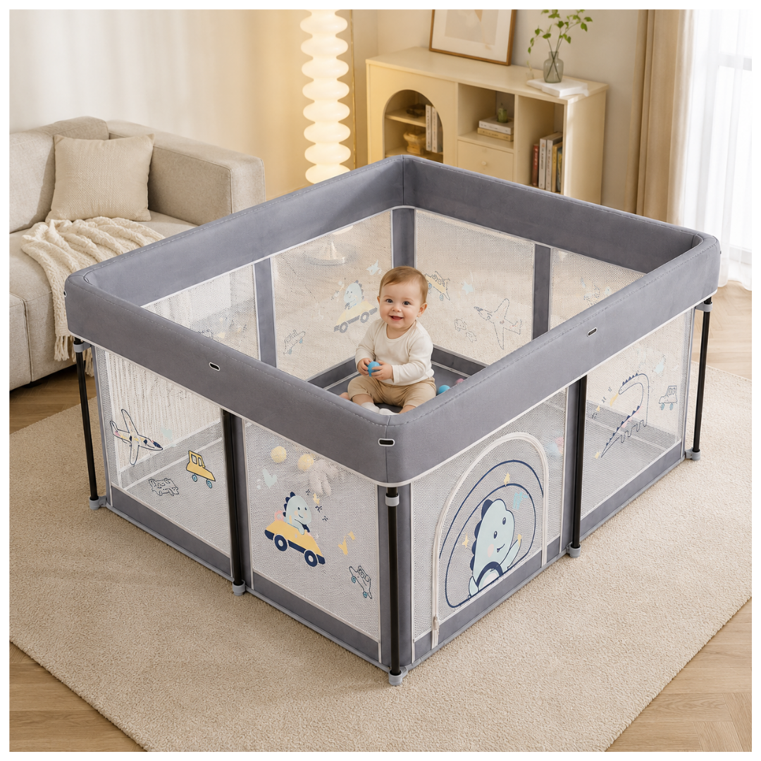 Livista Baby Grondbox – Opvouwbaar Babybox – 120x120x65 cm – Speelbox – Inclusief Speelmat, 60 Ballen en 4 Trekringen – Opbergtas – Ademend & Transparant Gaas – Compact Inklapbaar – Grijs