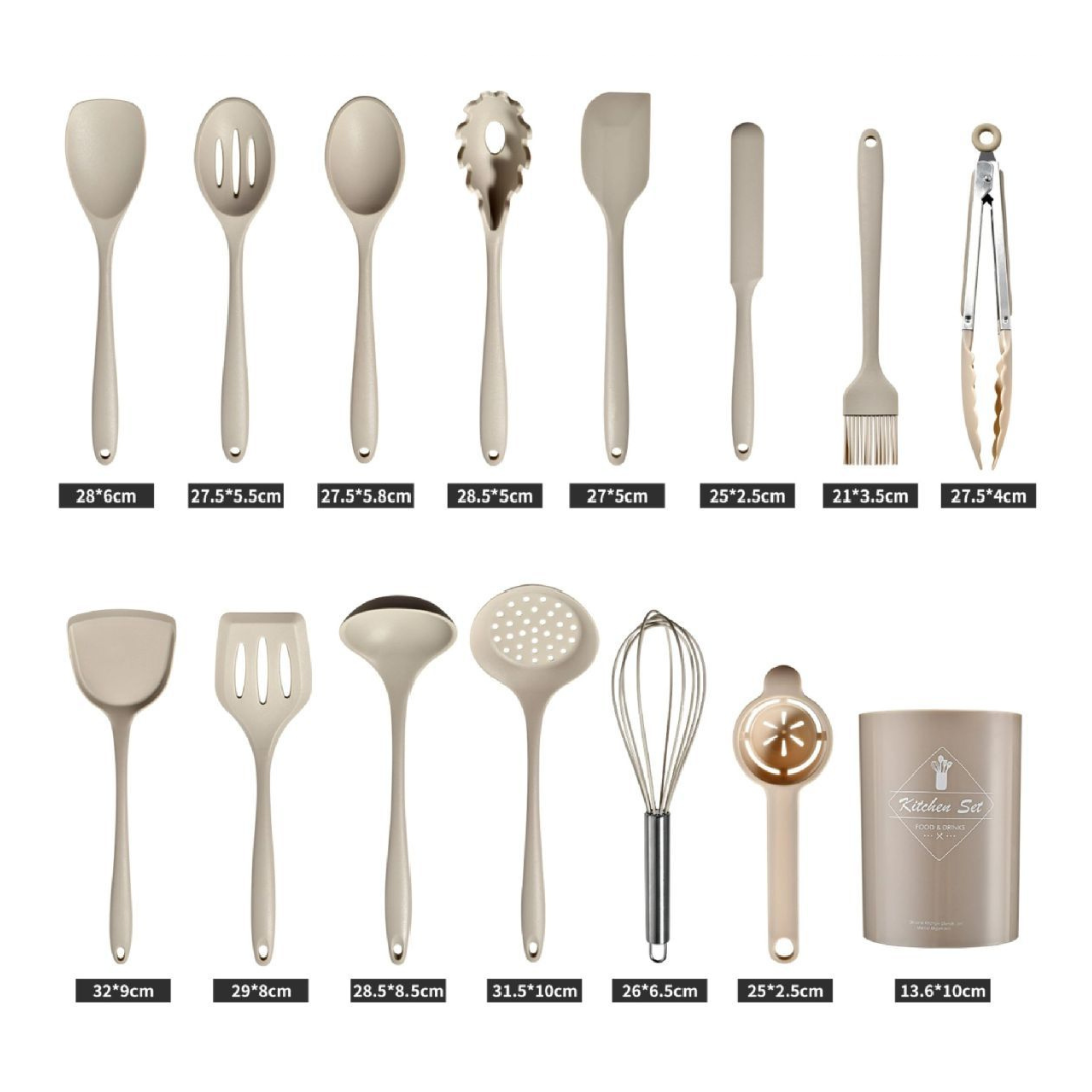 Livista Siliconen Keukengerei Set – 15-delig met Houder – BPA-vrij – Hittebestendig – Geschikt voor Alle Pannen – Vaatwasbestendig – Beige