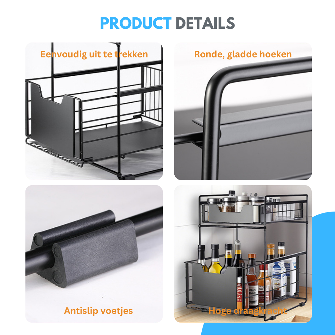 Livista Uittrekbare Organizer – Dubbele Lades – Antislip – Metalen Opbergrek – voor Keuken, Badkamer, Kast en Werkblad – Zwart