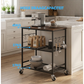 Livista Keukentrolley – Keukenrek met Wielen – 60x40x75cm – Magnetronrek & Keuken Organizer – 3 Laags Opbergrek – Met 6 Haken – Industrieel – Zwart/Hout