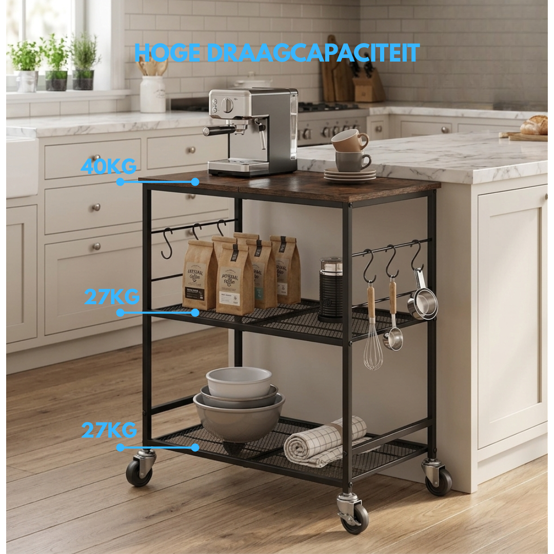 Livista Keukentrolley – Keukenrek met Wielen – 60x40x75cm – Magnetronrek & Keuken Organizer – 3 Laags Opbergrek – Met 6 Haken – Industrieel – Zwart/Hout
