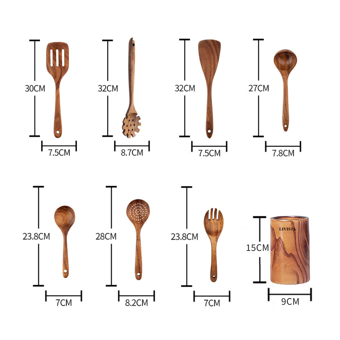 Livista Houten Keukengerei Set - 8-Delig - Met Houten opbergbeker - Acaciahout - Krasvrij & Ophangbaar