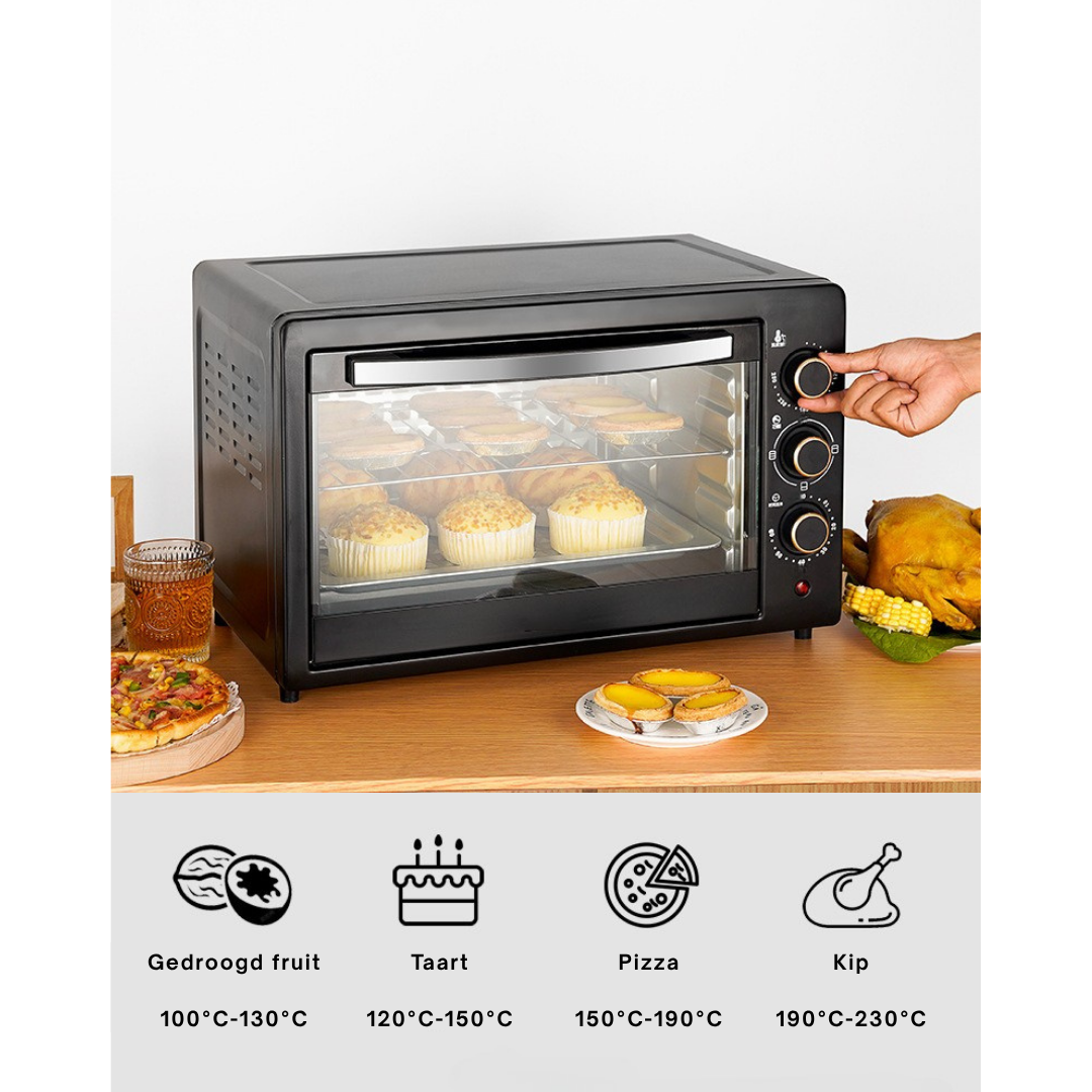 Livista® Vrijstaande Oven – 48L – Dubbele Verwarming – 120–250 °C – RVS Binnenkant – Gehard Glas – Perfect voor Bakken, Braden en Grillen