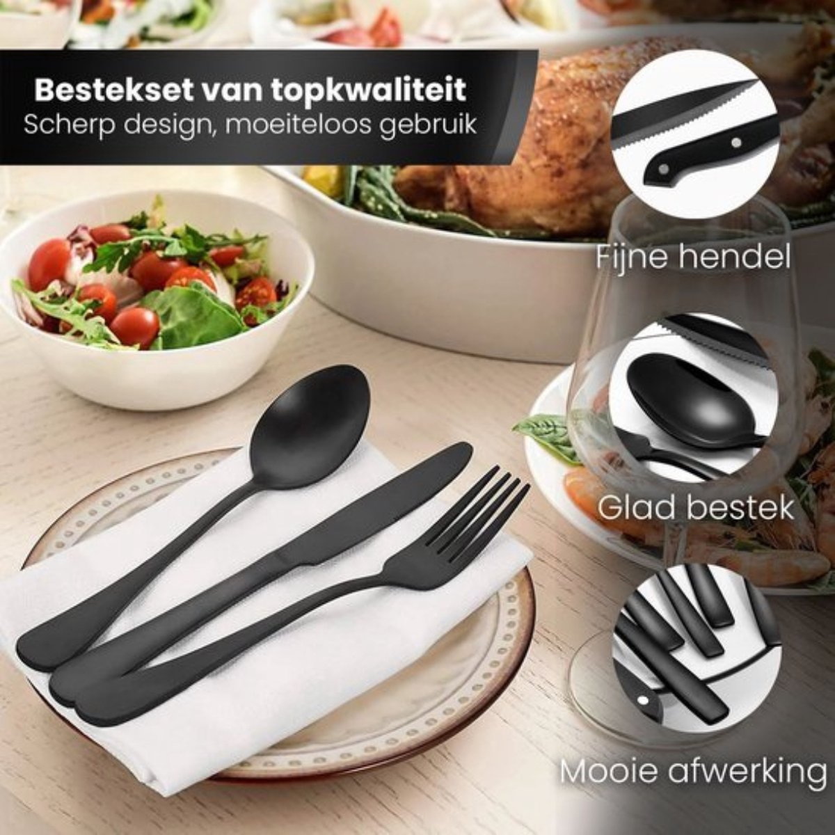 Livista Bestekset - Bestek - 48 Delig - Roestvrijstaal - Vaatwasserbestendig - Messen - Vorken - Lepels - Steakmessen - Eetgerei - Zwart