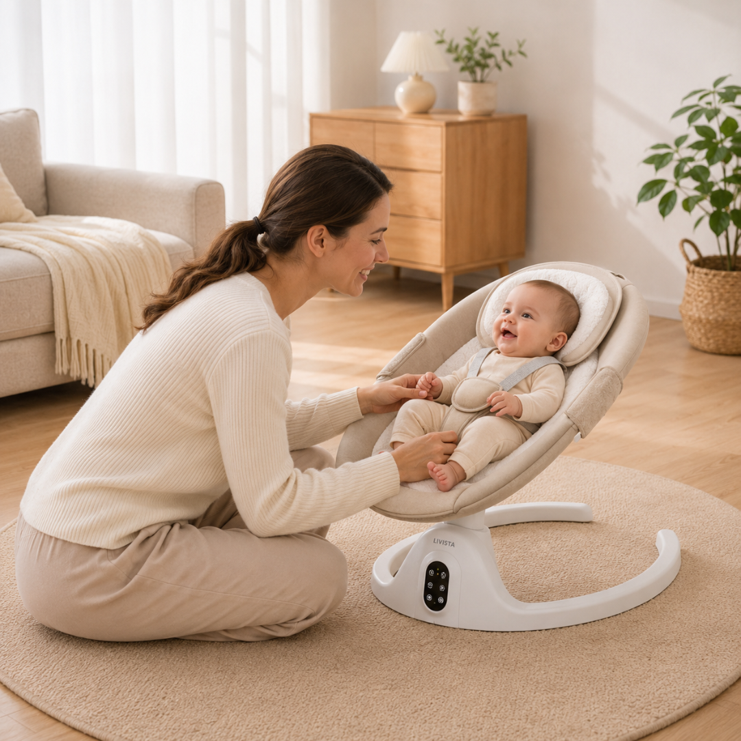 Livista Elektrische Wipstoel Baby – Babywipstoel – Met Afstandsbediening – 5 Schommelstanden – 3 Verstelbare Rugstanden – Timer – Baby Schommelstoel – LED Touchpaneel – Met Muskietennet – Lichtbruin