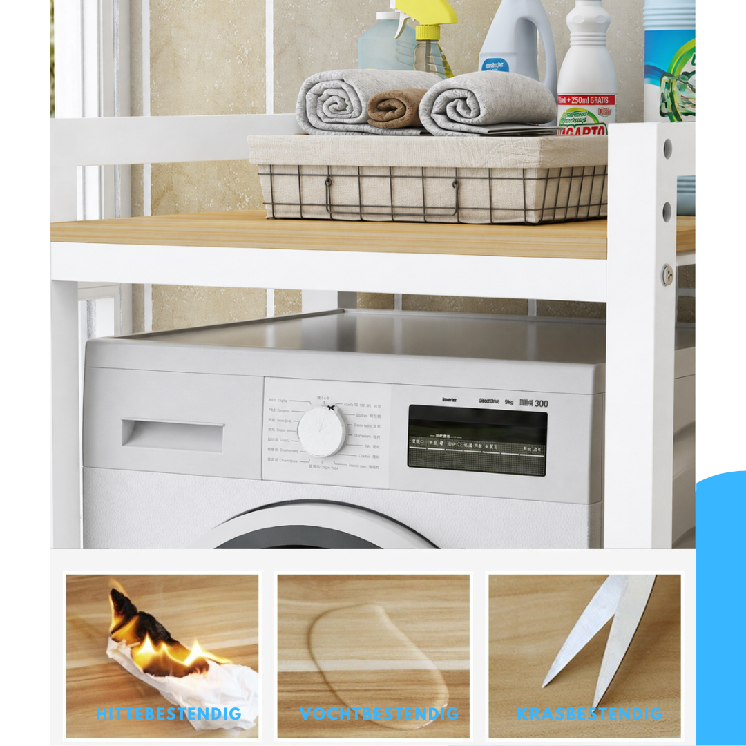 Livista Wasmachinerek - Wasmachine kast - Badkamerrek – Ruimtebesparende Wasmachine Organizer – Stalen Frame – 3 Hoogtestanden – Water-, Kras- en Hittebestendig Werkblad – Antislip Voetjes – 200 kg Draagvermogen - Wit/Hout