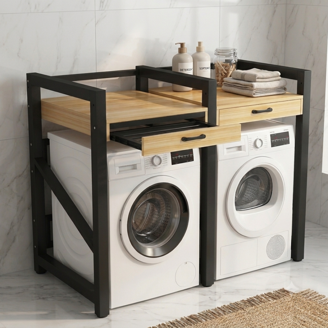 Livista Wasmachinerek – Met Uitschuifbare Hangstang – 200 kg Draagvermogen – Ruimtebesparende Wasmachine Organizer – Versterkt Stalen Frame – 3 Hoogtestanden – Water-, Kras- en Hittebestendig Werkblad – Antislip Voetjes – Zwart/Hout