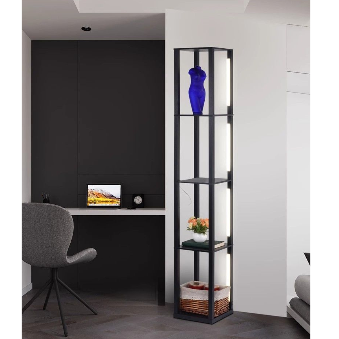 Livista® Staande Lamp – Dimbare LED Verlichting – Met Voetschakelaar – 4 Open Planken – Modern & Functioneel – 163 cm Hoog – Zwart – Perfect voor Woonkamer, Slaapkamer of Kantoor