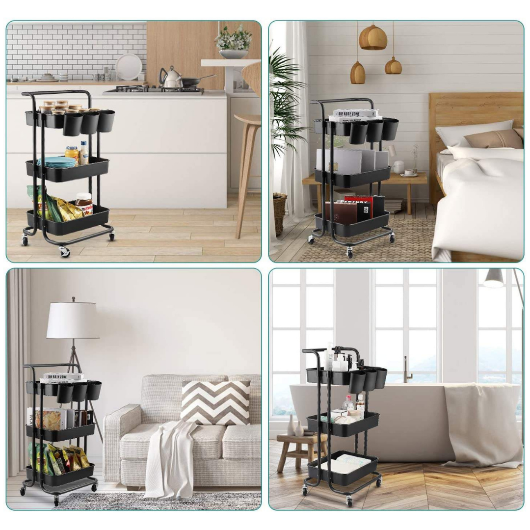 Livista Opbergtrolley met Wielen – 3-Laags Metalen Opbergwagen –met 3 Hangmanden – Multifunctioneel– Zwart