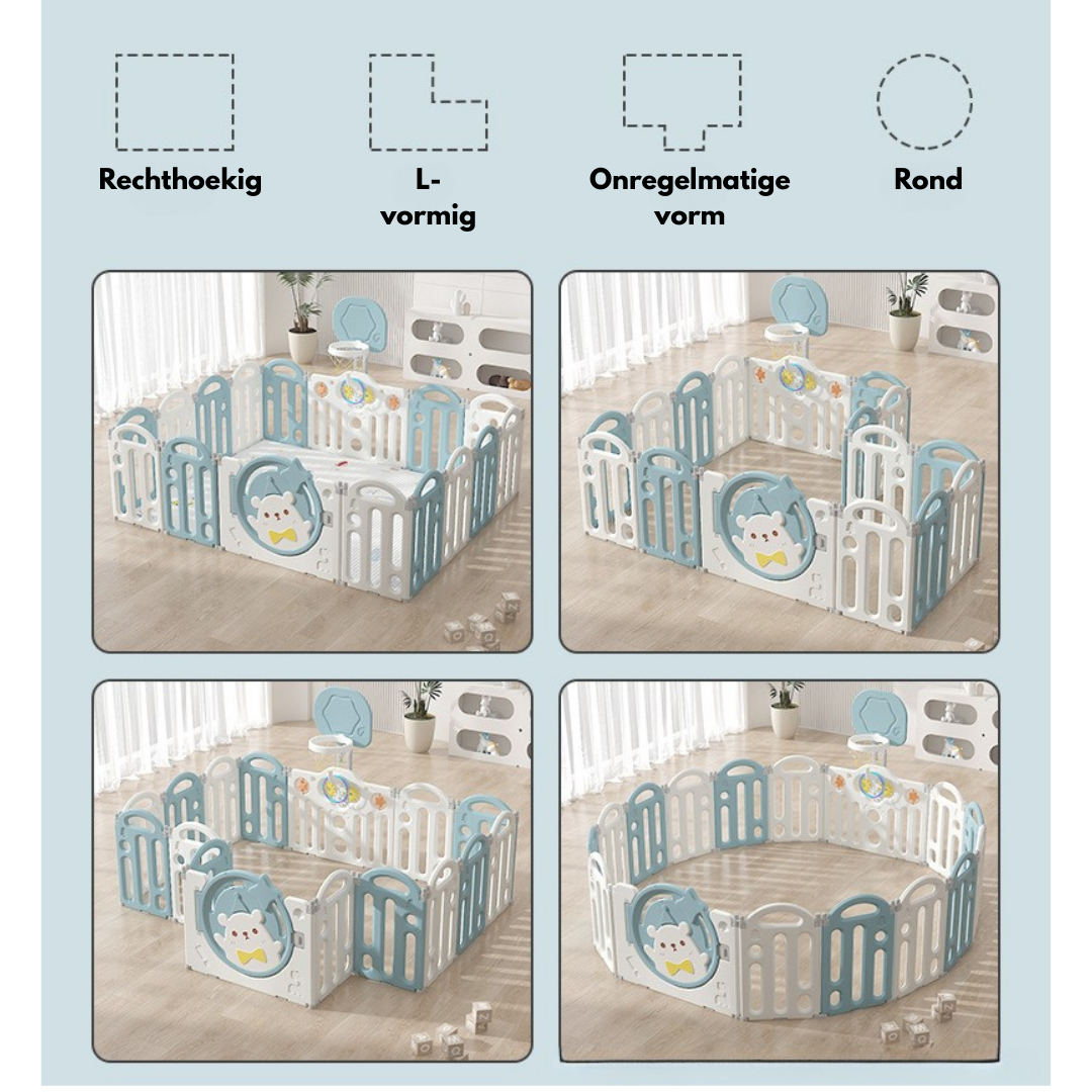 Livista Grondbox Baby –187x150x61cm – 14+2 Panelen – Inklapbare Speelbox met Beren-Thema – Verstelbare Basketbalring – Met Zuignappen – Inclusief Kruipmat – Veilig Kinderbox Playpen