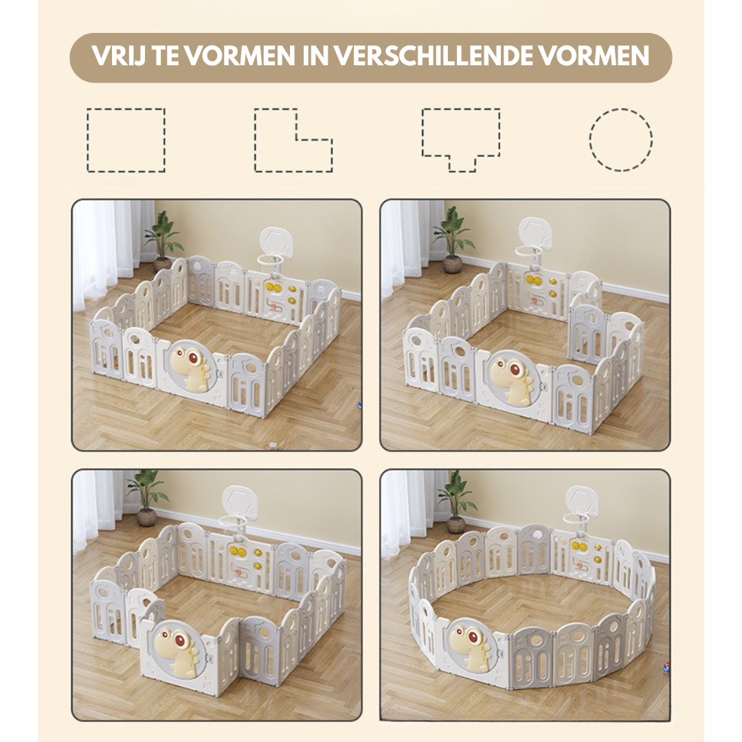 Livista Grondbox Baby –156x156x61cm – 12+2 Panelen – Inklapbare Speelbox met Dinosaurus-Thema – Verstelbare Basketbalring – Met Zuignappen – Inclusief Kruipmat – Veilig Kinderbox Playpen