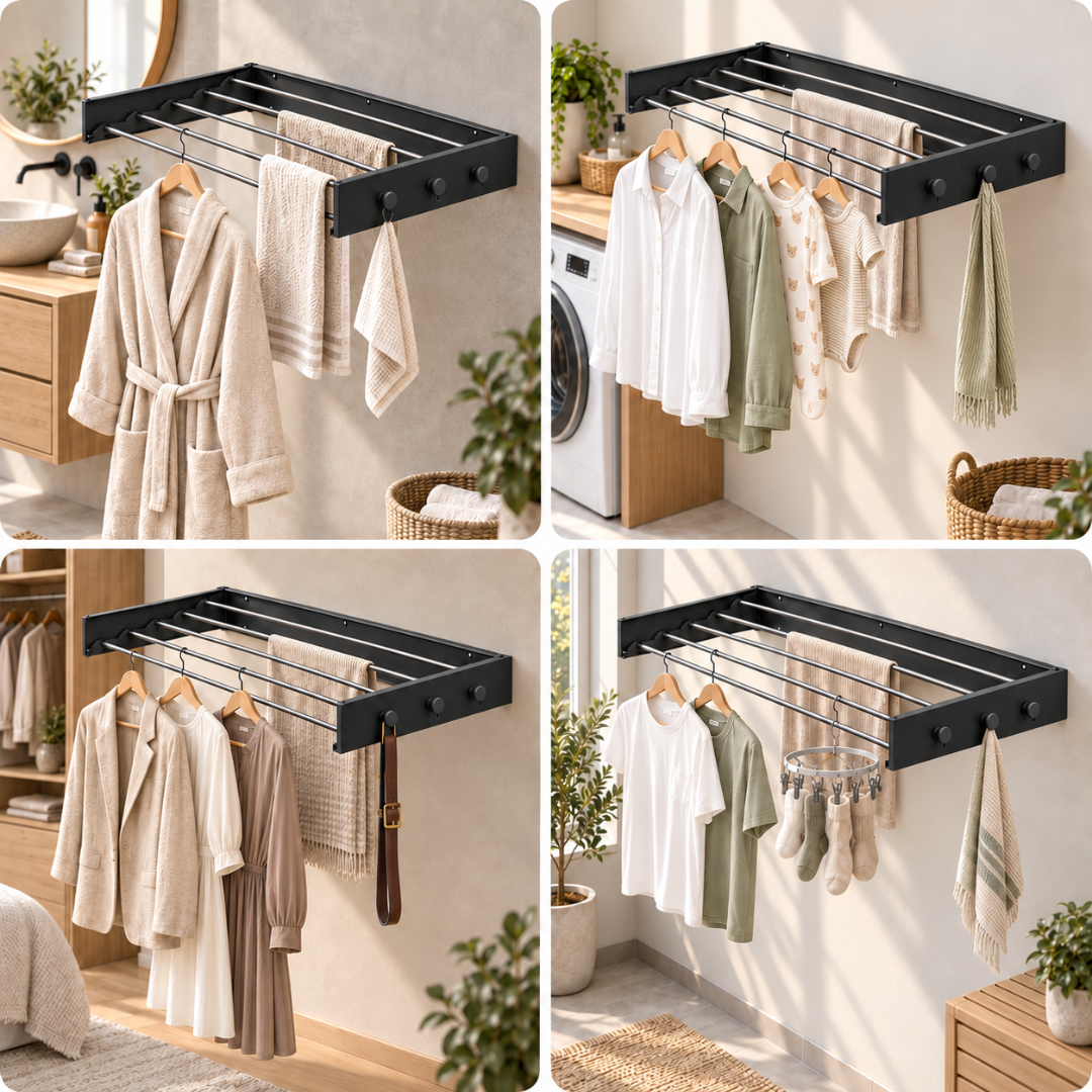 Livista Wanddroogrek Inklapbaar – Opvouwbaar Wasrek voor Wandmontage – Stevig en Ruimtebesparend – Voor Binnen & Buiten– 100x50x10,5 cm – Met 6 Haken – Zwart