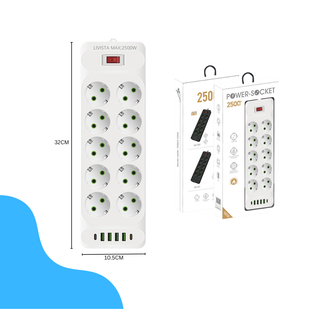 Livista Stekkerdoos – met Schakelaar 16-voudig – 2 Meter Verlengsnoer – 2500W– USB & USB-C – Overspanningsbeveiliging – Wit