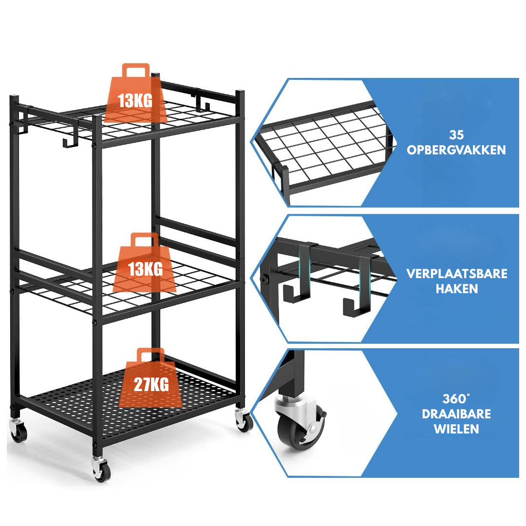 Livista Verrijdbaar Gereedschapsrek – Gereedschap Organizer voor Tuingereedschap – Max. 53 kg – Verplaatsbare Haken – 360° Wielen – voor Garage, Schuur en Berging