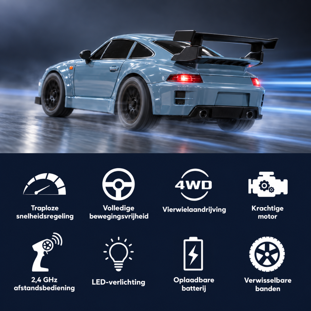 Livista Bestuurbare Auto - Snelle RC Drift Auto 1:24 – Drift Raceauto met 4WD – Afstandsbestuurbare Auto – 20 km/h – LED Verlichting – 3 Oplaadbare Accu’s – Driftbanden – Grijsblauw