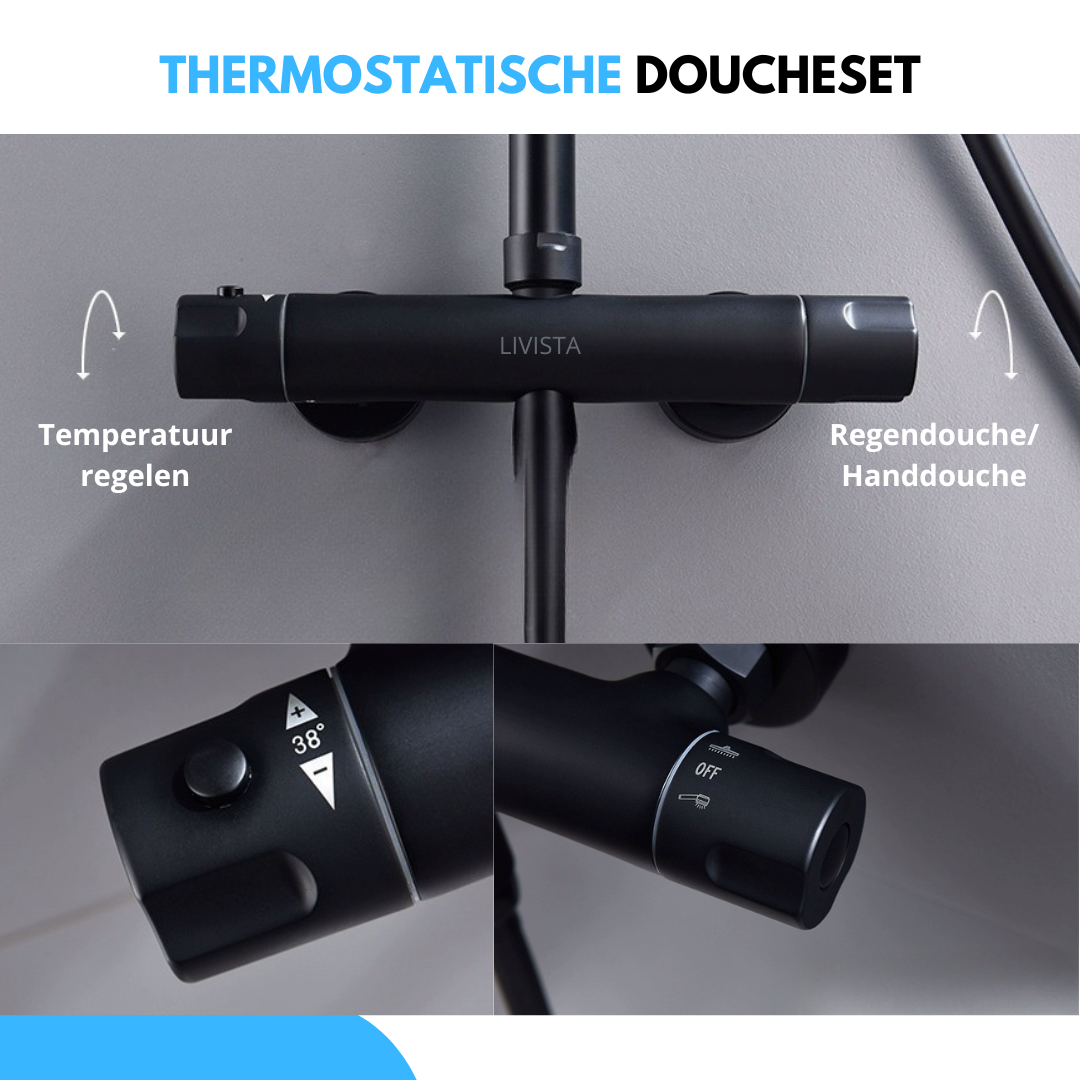 Livista Regendouche Set – Met Thermostaatkraan – Regendouche & Handdouche – 38°C Messing Thermostaatkraan – Douchekolom Wandmontage – Zwart