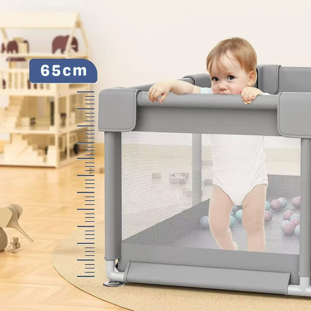 Livista Grondbox - Speelbox - Baby boxen - Kruipbox voor Baby - Playpen - Kinderbox - Met 4 optrek-handringen + 60 speelballen - Met trekring - 120 x 180 x 65cm - Grijs