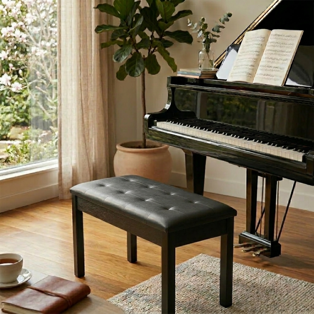 Livista Pianobank – Klassieke Piano Kruk – met Opbergruimte – Comfortabele Zitting – 70 x 30 x 48 cm – Zwart