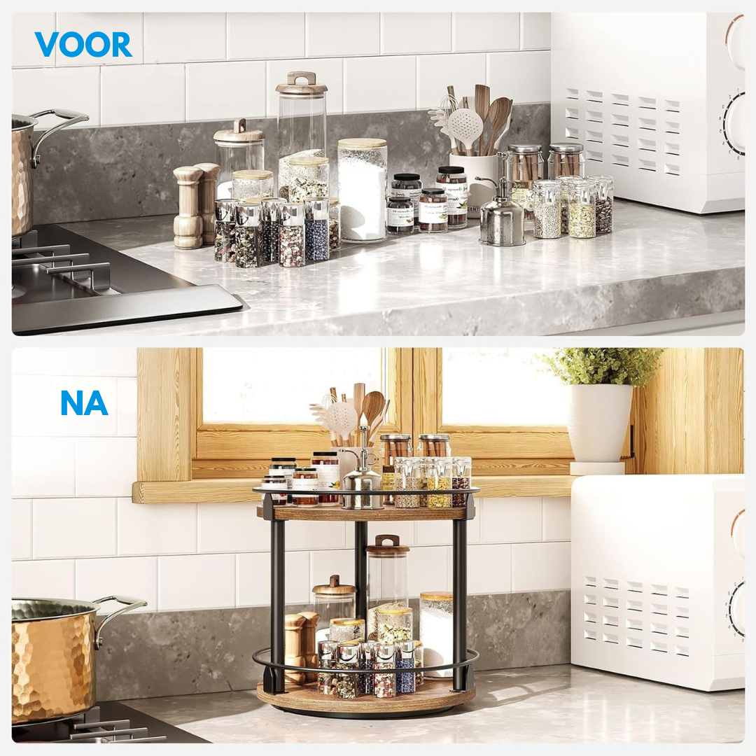 Livista Draaibaar Kruidenrek – 2 Lagen – Kruiden Organizer – Met 360° Rotatie – Keuken Organizer – Zwart/Hout
